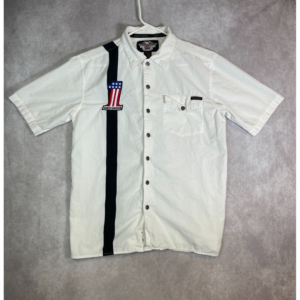 VTG Harley Davidson Shirt Mens Medium White Evil Knievel Embroidered Button USA